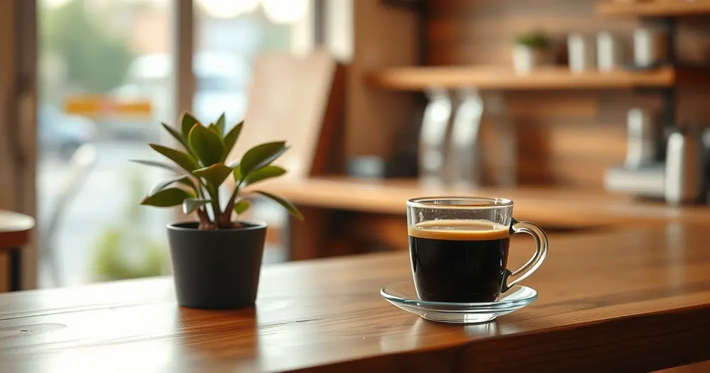 Balcão de madeira de cafeteria com xícara de café e vaso pequeno
