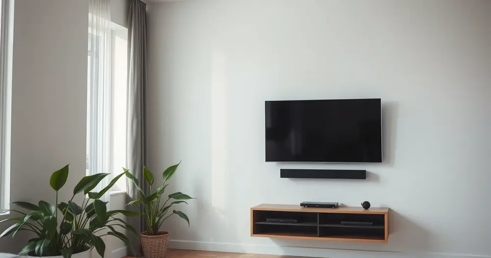 Televisão moderna em sala clara com plantas ao lado