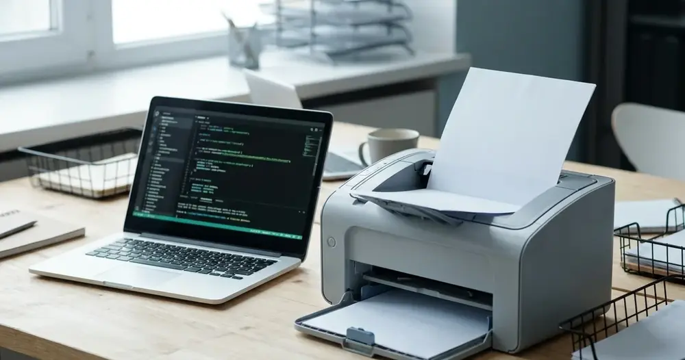 Notebook com arquivo XML aberto ao lado de impressora gerando o DANFE
