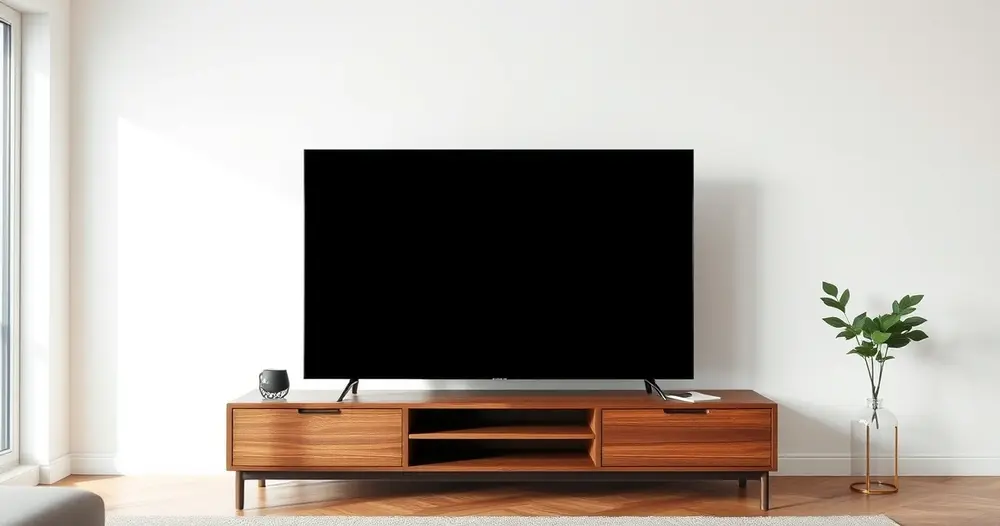 televisor de tela preta desligado sobre rack de madeira em sala clara