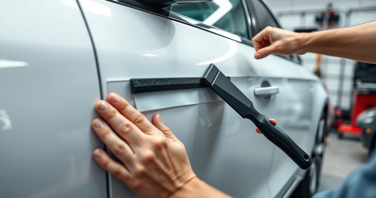 Aplicador alisando película de envelopamento na porta do carro