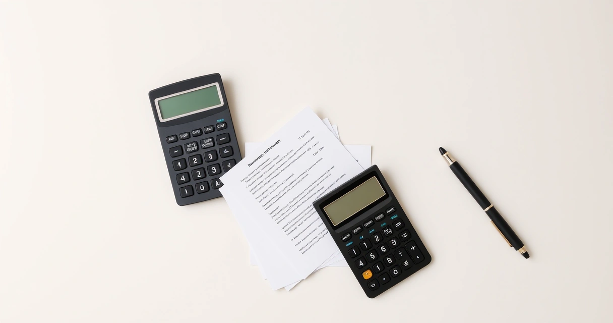 Calculadora, orçamentos impressos e trena sobre a mesa