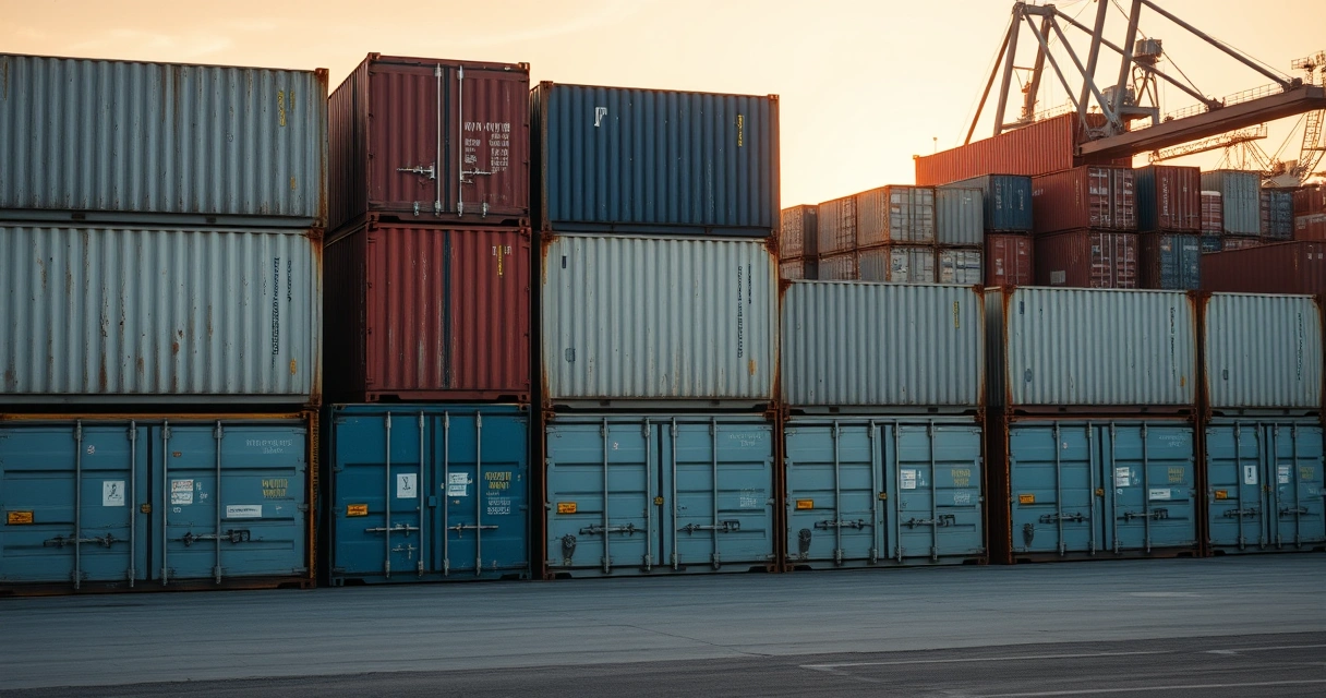 Containers marítimos empilhados em pátio portuário