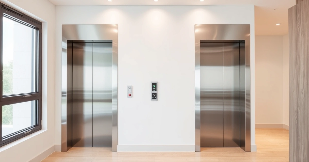 Elevador residencial de portas de aço escovado em corredor claro