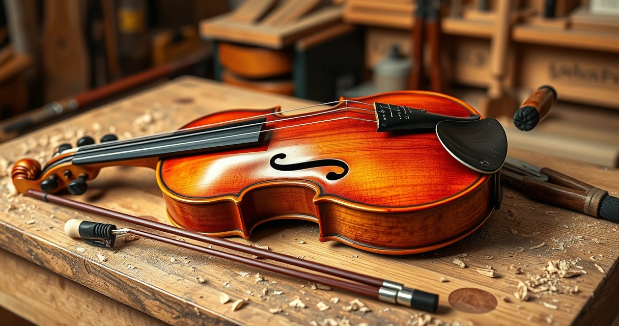 Violino e arco sobre a bancada de um luthier