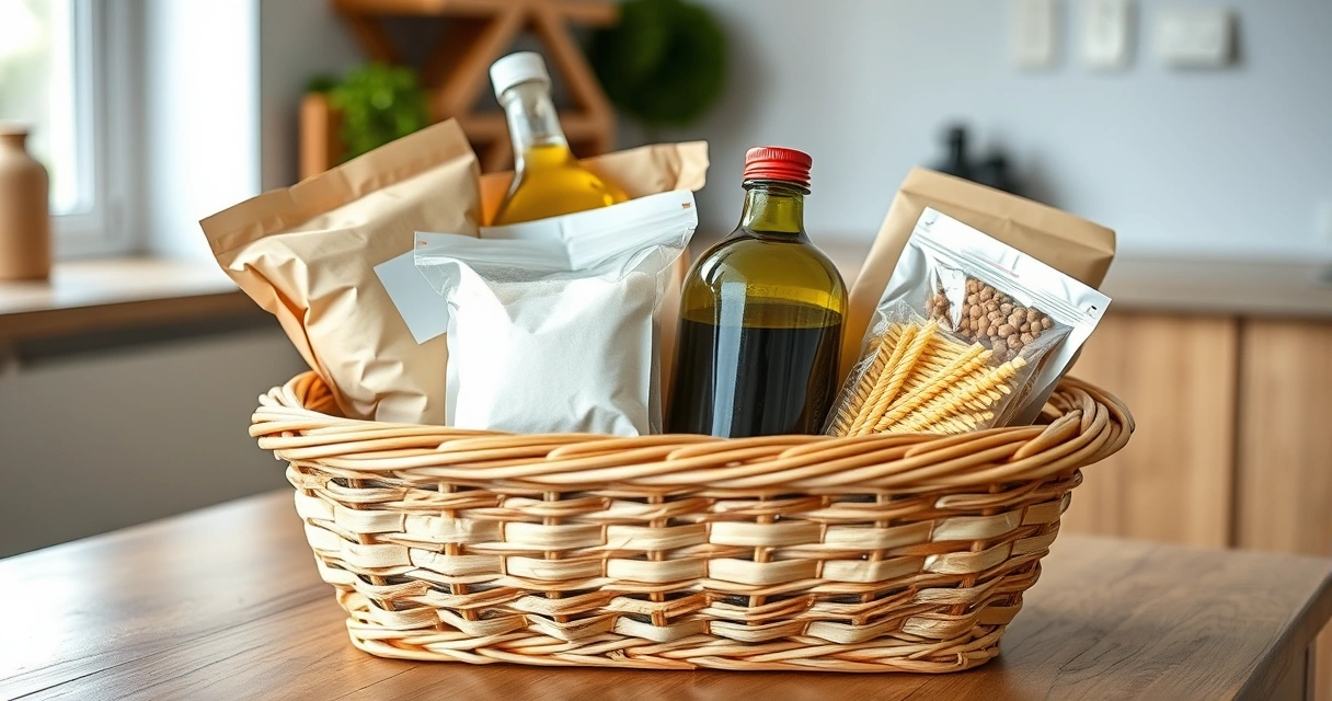 Cesta de vime com alimentos básicos sobre mesa de cozinha