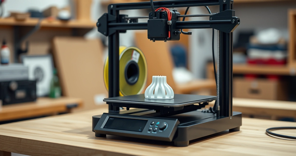 Impressora 3D de mesa imprimindo uma peça na bancada