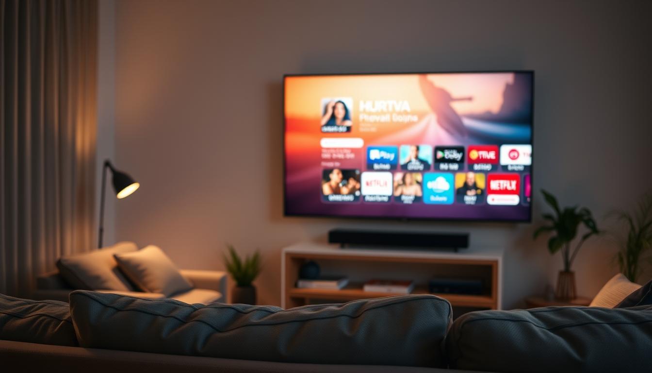 A cozy living room with a modern flat-screen TV prominently displayed, showcasing a crisp, high-definition streaming interface. The room is bathed in warm, indirect lighting, creating a relaxed and inviting atmosphere. In the foreground, a comfortable sofa or armchair invites the viewer to settle in and enjoy the streaming experience. The middle ground features minimal, yet stylish decor, complementing the sleek design of the TV. The background suggests a contemporary Brazilian setting, with hints of vibrant colors and textures that evoke the energy and diversity of the country. The overall impression is one of convenience, affordability, and the seamless integration of technology into daily life.